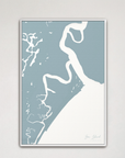 Sea Island vertical canvas map, Soft Blue, White Frame