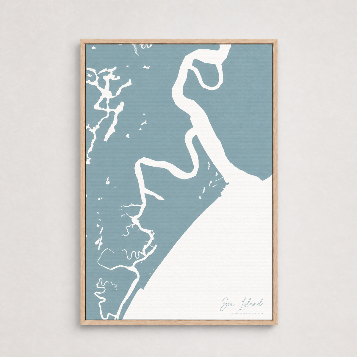 Sea Island vertical canvas map, Soft Blue, Light Wood
