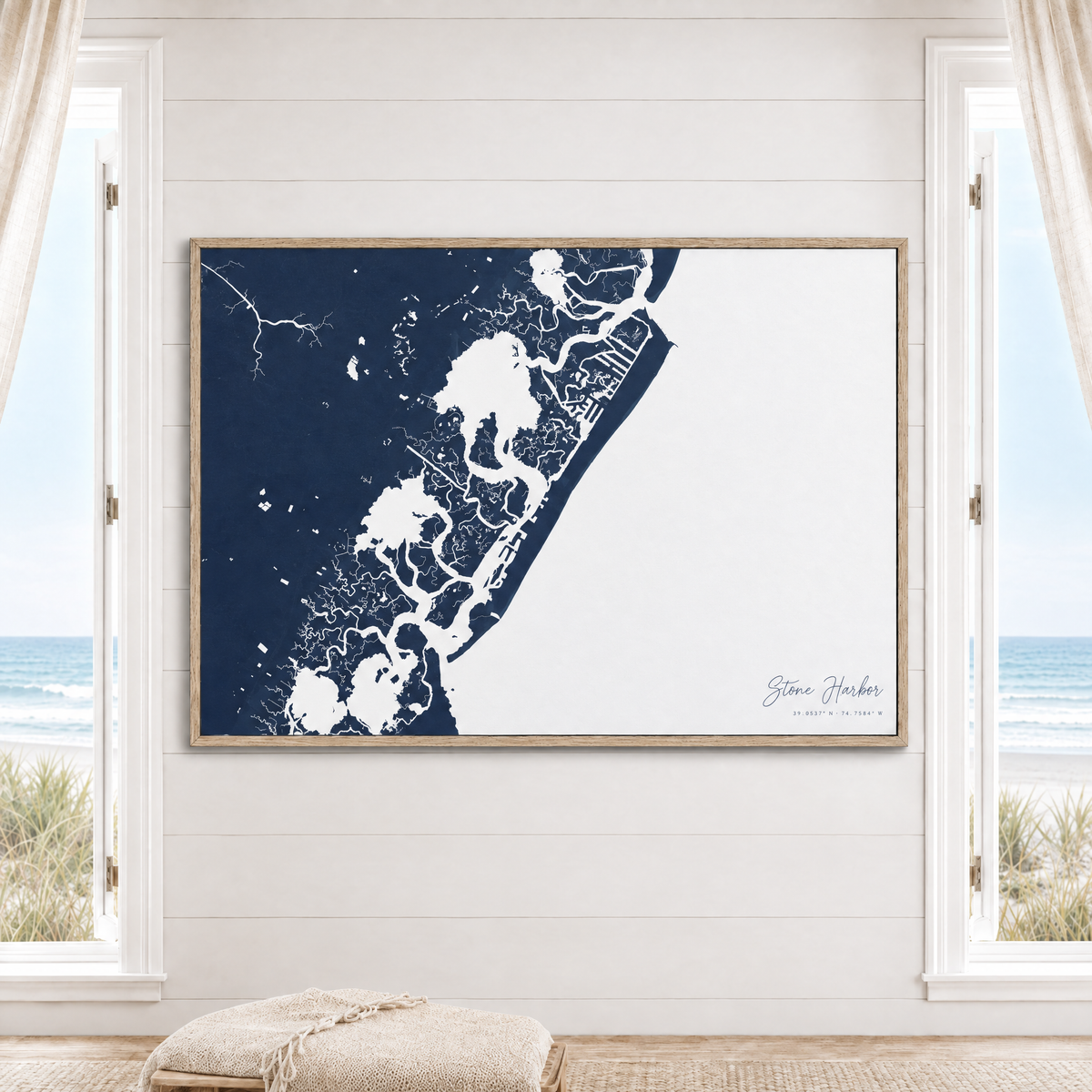 Stone Harbor horizontal canvas map in Navy, window interior