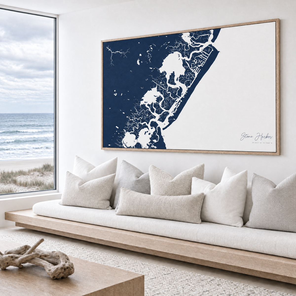 Stone Harbor horizontal canvas map in Navy, bench beside a water view