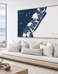 Stone Harbor horizontal canvas map in Navy, bench beside a water view