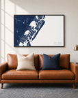 Stone Harbor horizontal canvas map in Navy, black-framed canvas above a sofa
