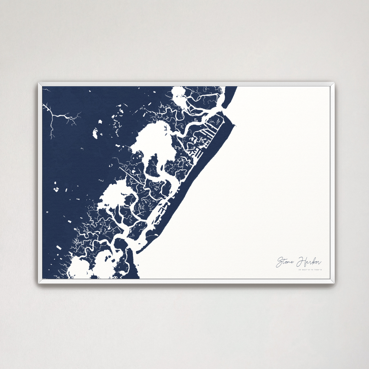 Stone Harbor horizontal canvas map, Navy, White Frame