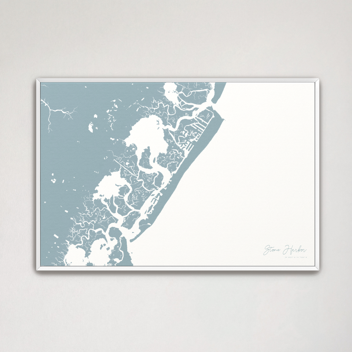 Stone Harbor horizontal canvas map, Soft Blue, White Frame