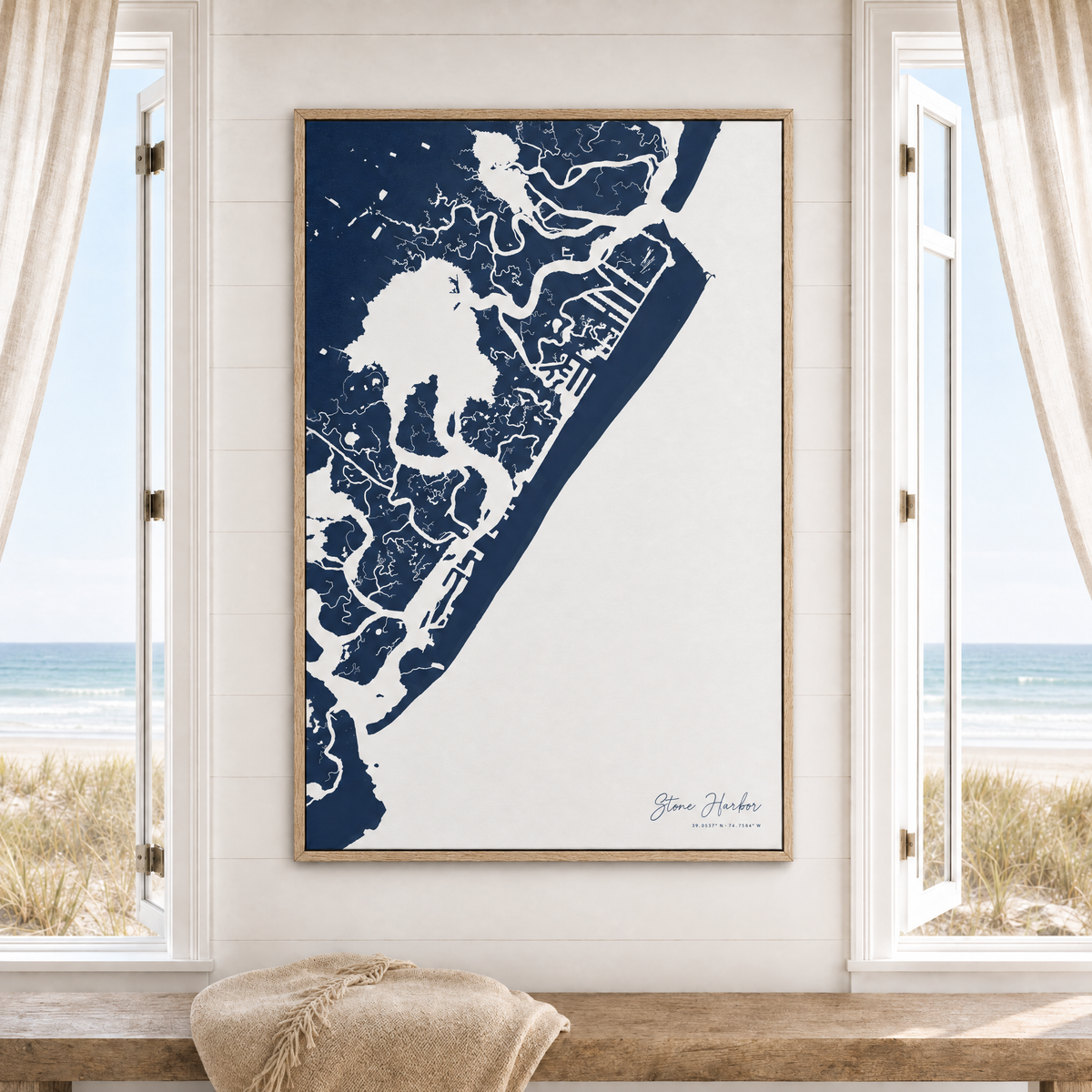 Stone Harbor vertical canvas map in Navy, window interior