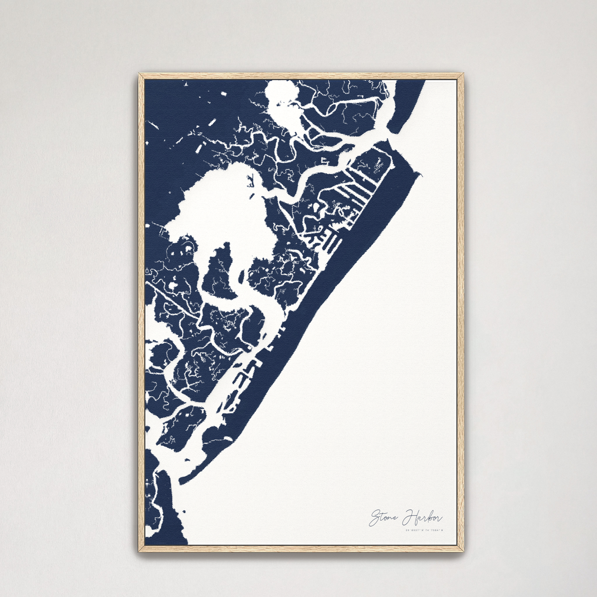 Stone Harbor vertical canvas map, Navy, Natural Oak