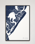 Stone Harbor vertical canvas map, Navy, Black Frame