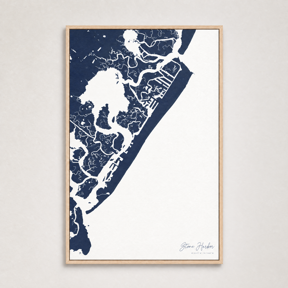 Stone Harbor vertical canvas map, Navy, Light Wood