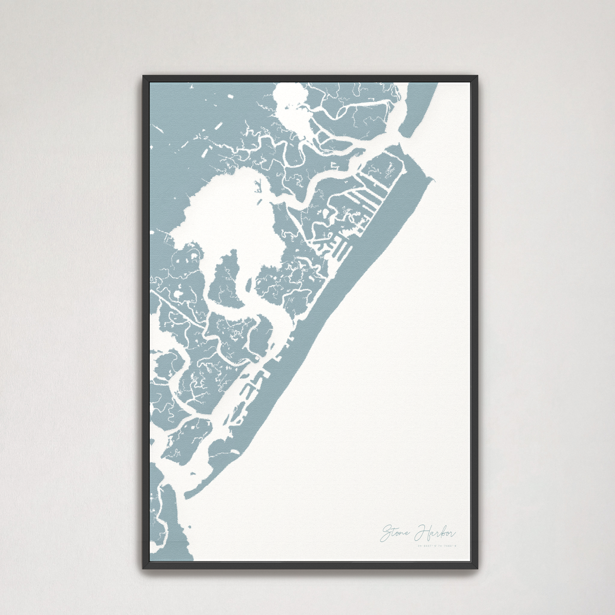 Stone Harbor vertical canvas map, Soft Blue, Black Frame