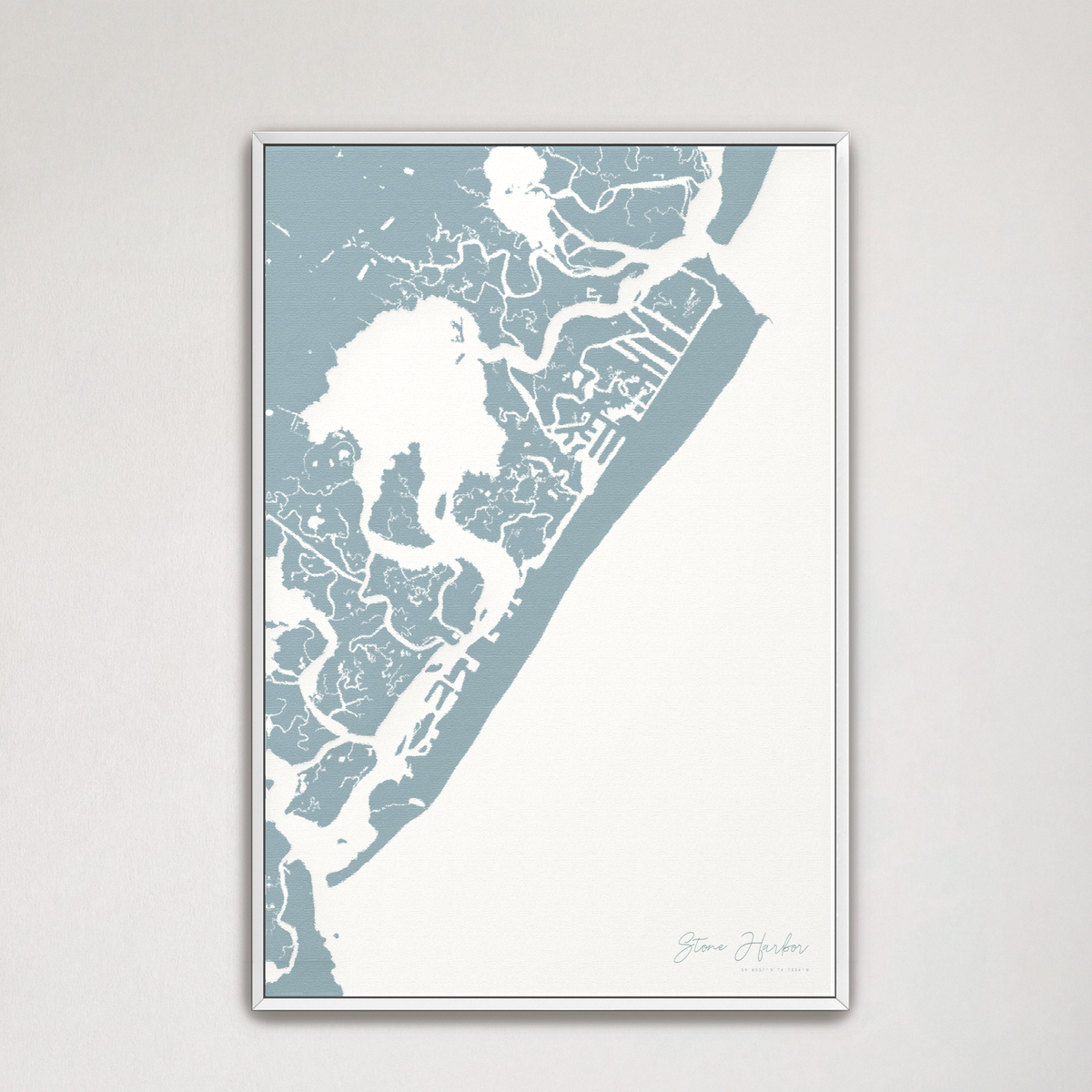 Stone Harbor vertical canvas map, Soft Blue, White Frame
