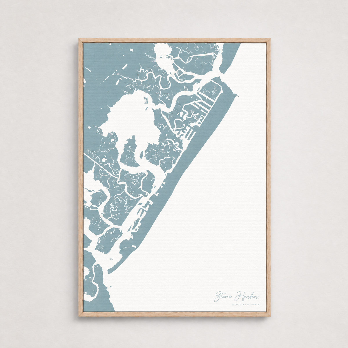 Stone Harbor vertical canvas map, Soft Blue, Light Wood