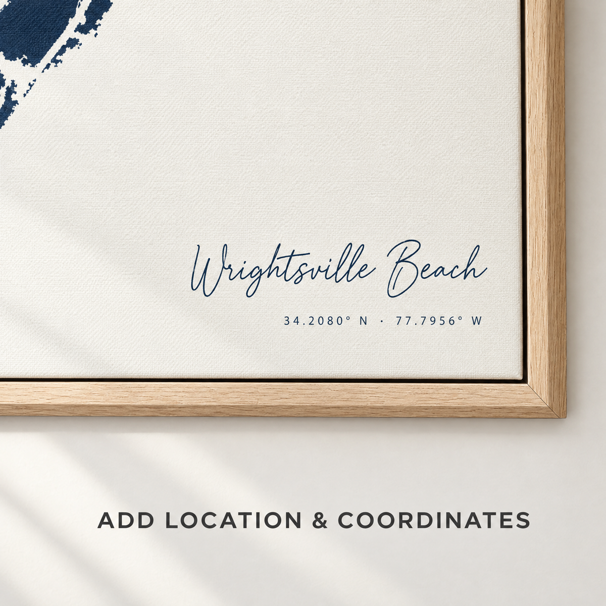 Wrightsville Beach horizontal canvas map in Navy, location and coordinates detail