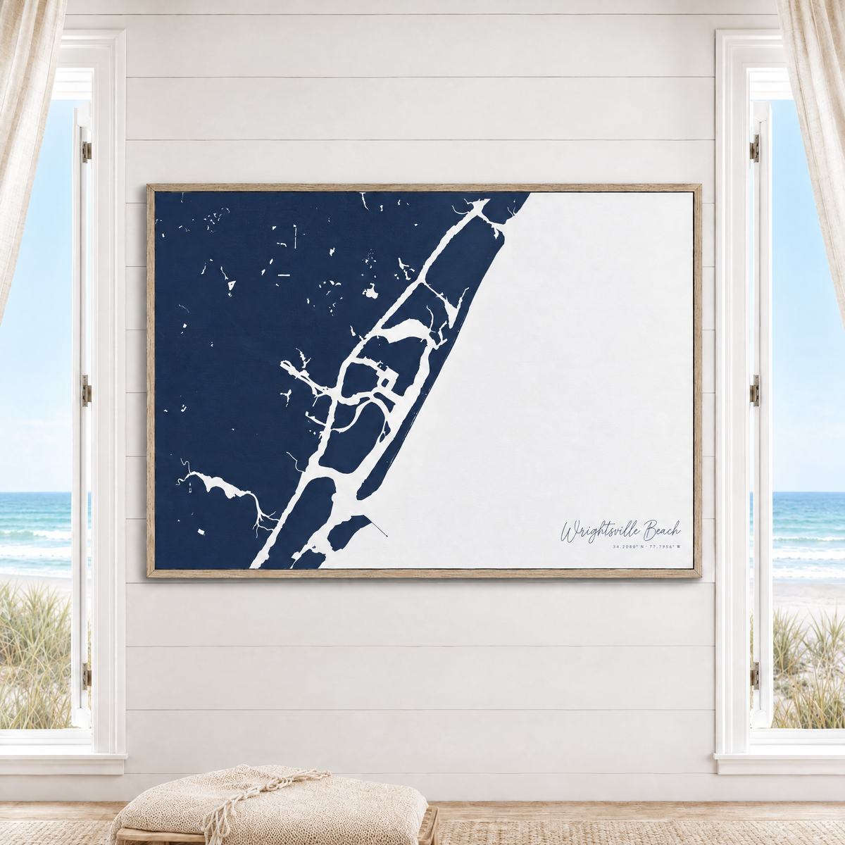 Wrightsville Beach horizontal canvas map in Navy, window interior