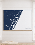 Wrightsville Beach horizontal canvas map in Navy, window interior