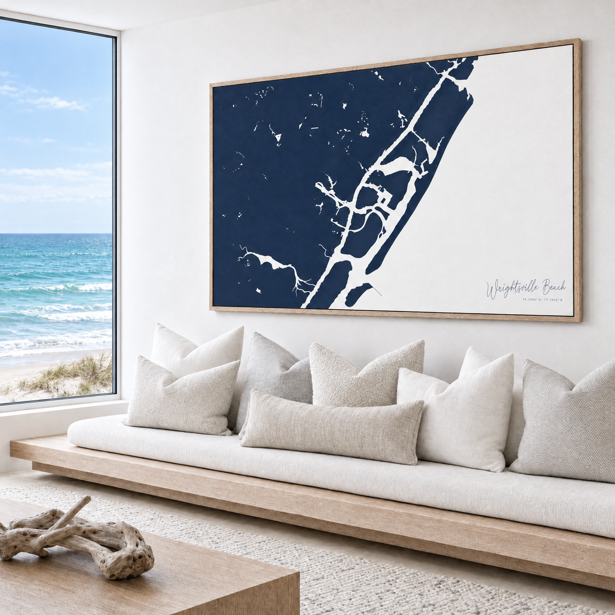 Wrightsville Beach horizontal canvas map in Navy, bench beside a water view