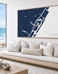 Wrightsville Beach horizontal canvas map in Navy, bench beside a water view
