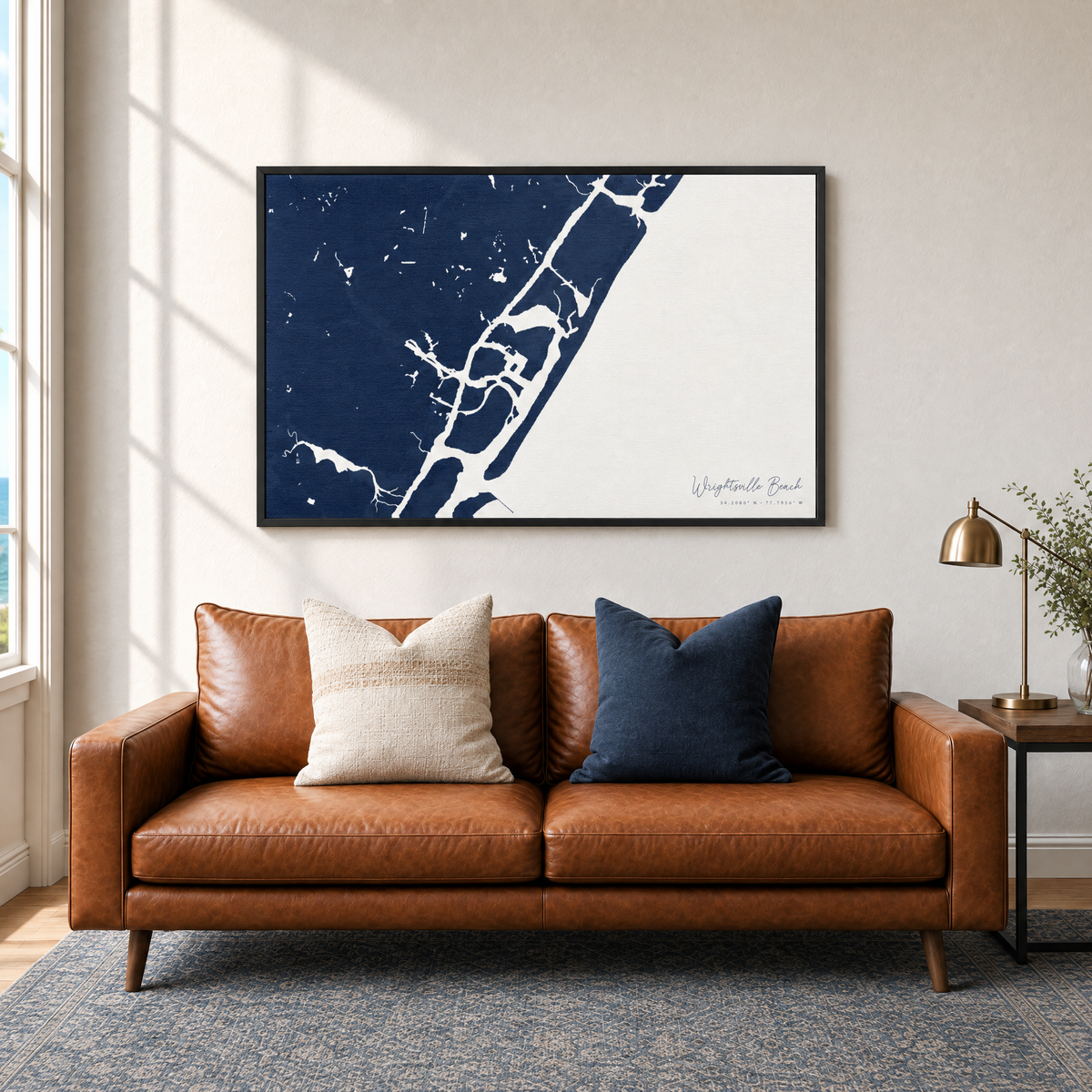 Wrightsville Beach horizontal canvas map in Navy, black-framed canvas above a sofa