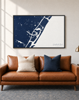 Wrightsville Beach horizontal canvas map in Navy, black-framed canvas above a sofa