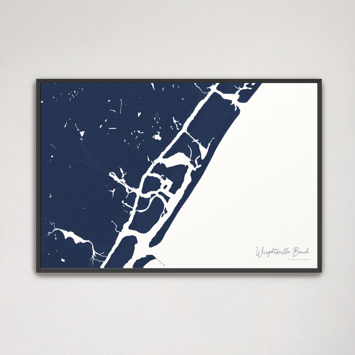 Wrightsville Beach horizontal canvas map, Navy, Black Frame