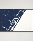 Wrightsville Beach horizontal canvas map, Navy, Black Frame