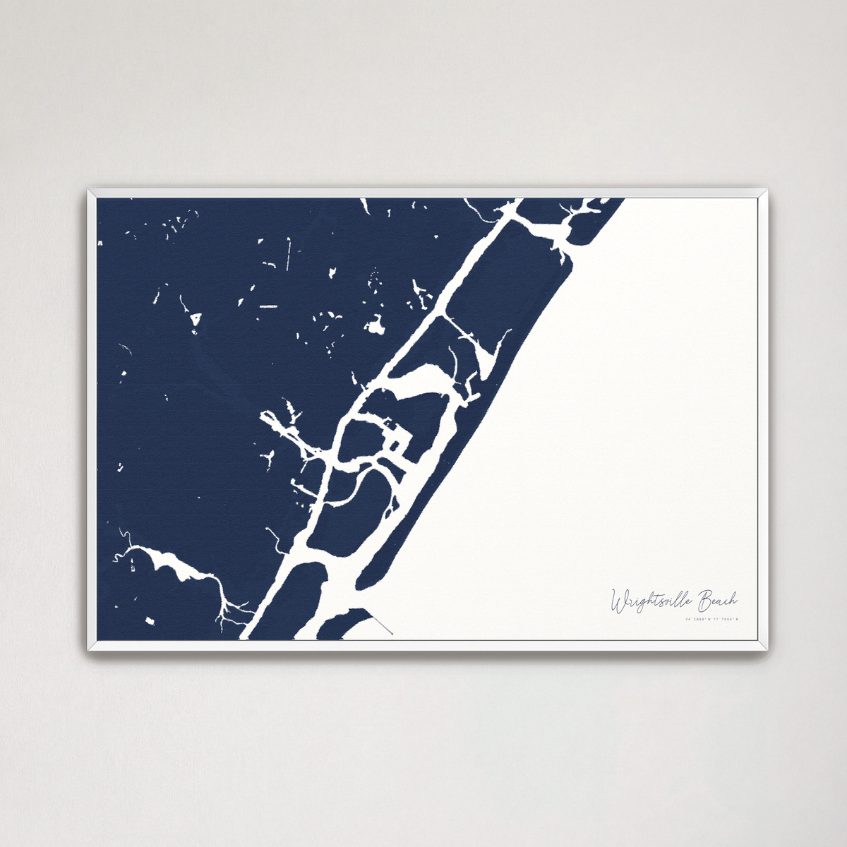 Wrightsville Beach horizontal canvas map, Navy, White Frame