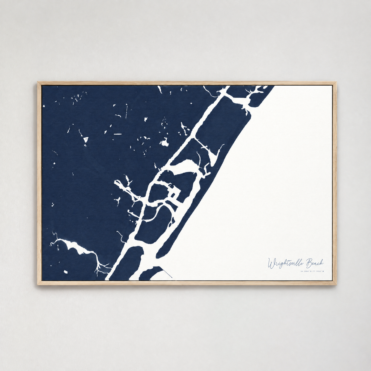 Wrightsville Beach horizontal canvas map, Navy, Light Wood