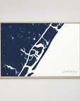 Wrightsville Beach horizontal canvas map, Navy, Light Wood