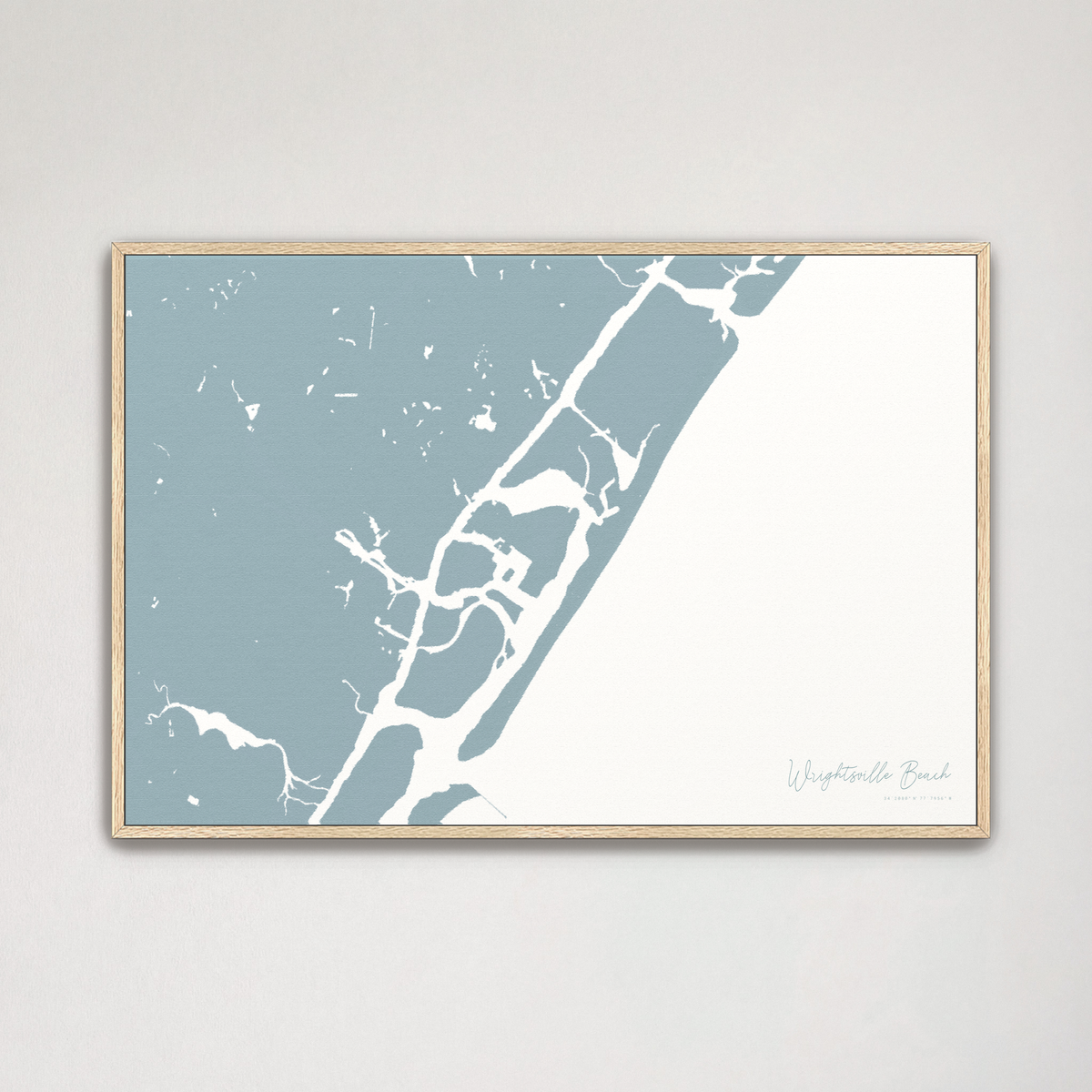 Wrightsville Beach horizontal canvas map, Soft Blue, Natural Oak