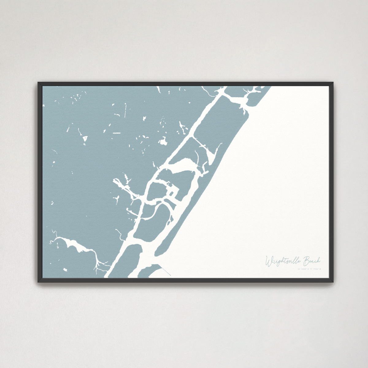 Wrightsville Beach horizontal canvas map, Soft Blue, Black Frame