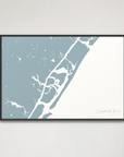 Wrightsville Beach horizontal canvas map, Soft Blue, Black Frame