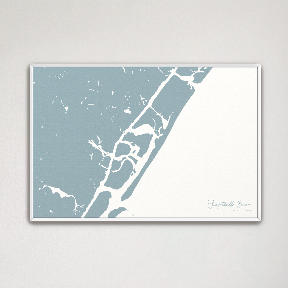 Wrightsville Beach horizontal canvas map, Soft Blue, White Frame