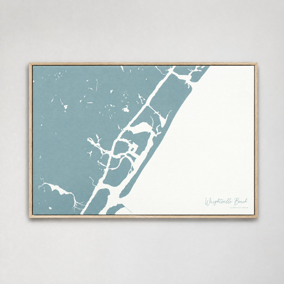 Wrightsville Beach horizontal canvas map, Soft Blue, Light Wood