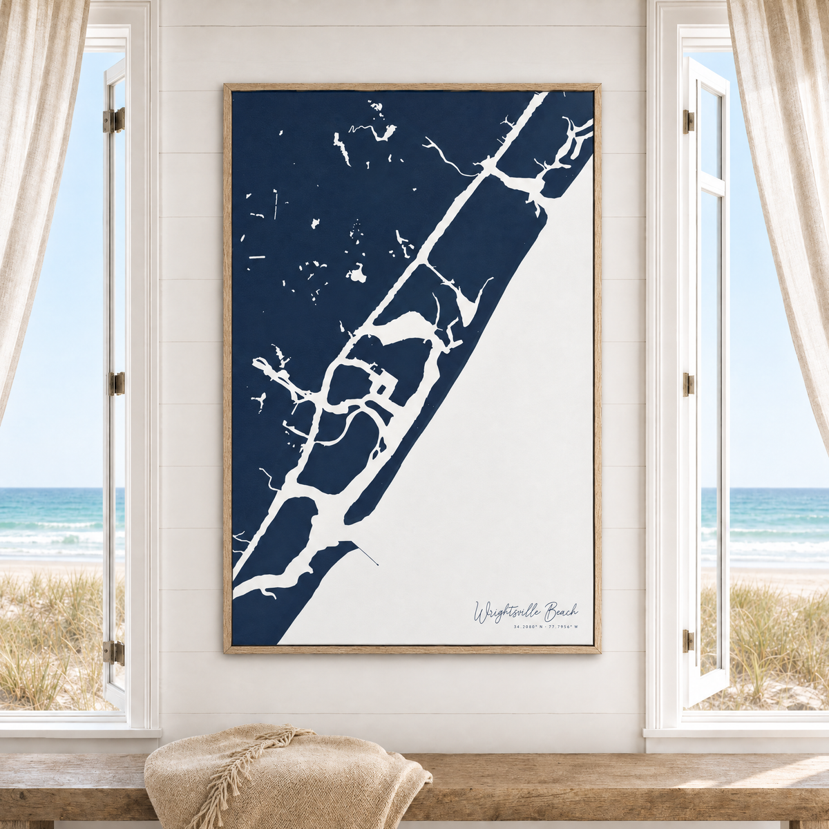 Wrightsville Beach vertical canvas map in Navy, window interior