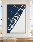 Wrightsville Beach vertical canvas map in Navy, window interior