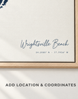 Wrightsville Beach vertical canvas map in Navy, location and coordinates detail
