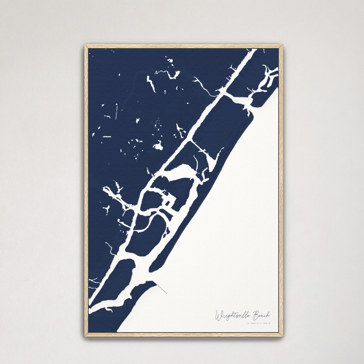 Wrightsville Beach vertical canvas map, Navy, Natural Oak