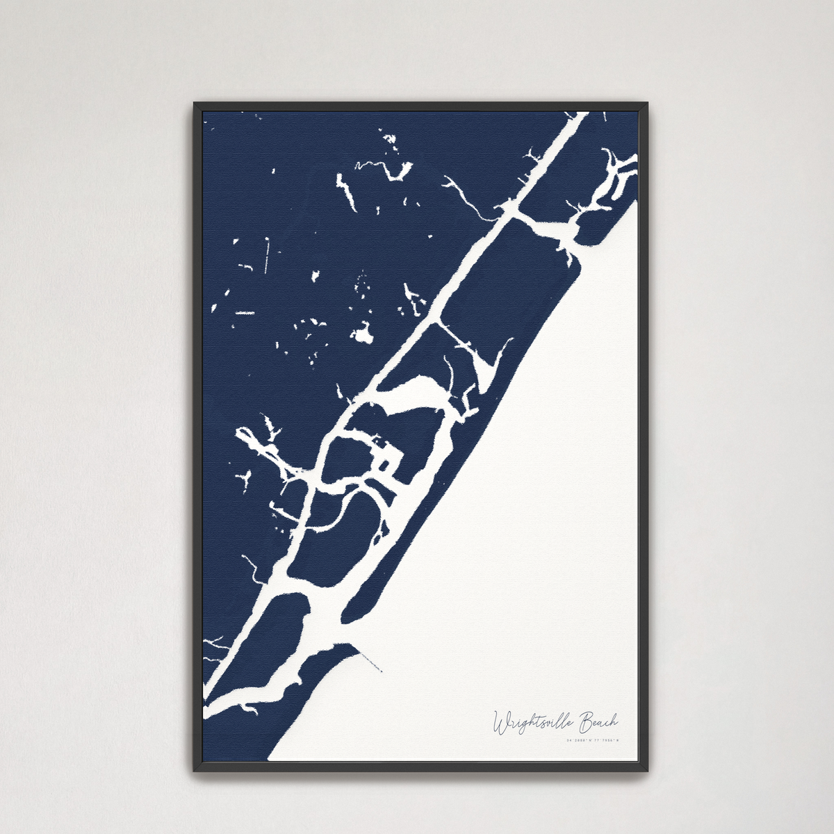 Wrightsville Beach vertical canvas map, Navy, Black Frame