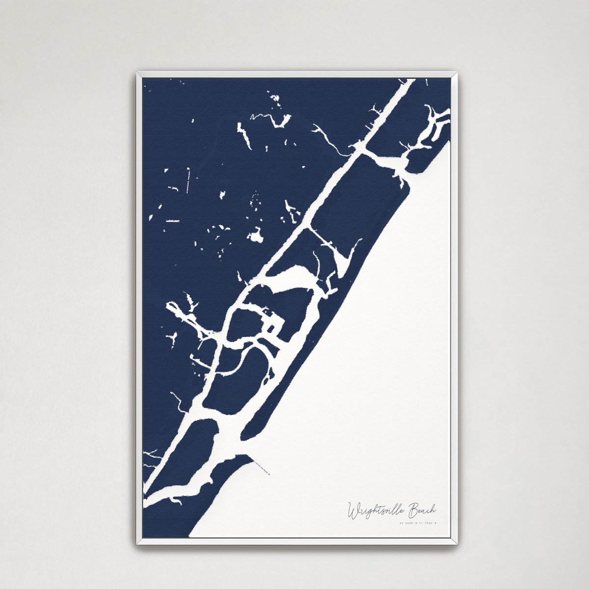 Wrightsville Beach vertical canvas map, Navy, White Frame