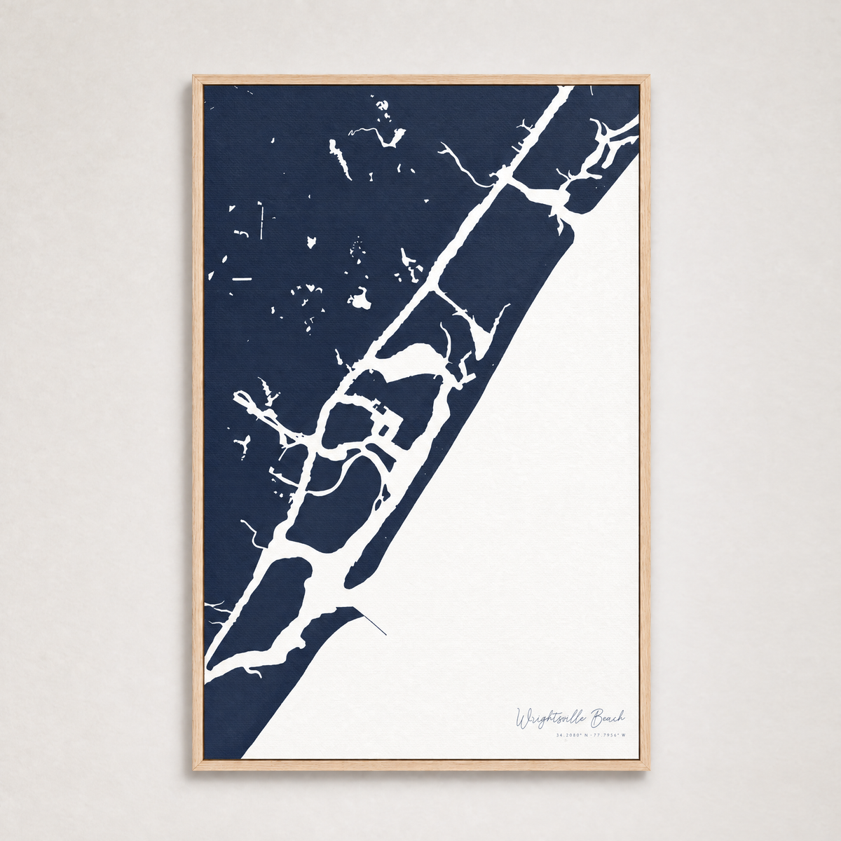 Wrightsville Beach vertical canvas map, Navy, Light Wood