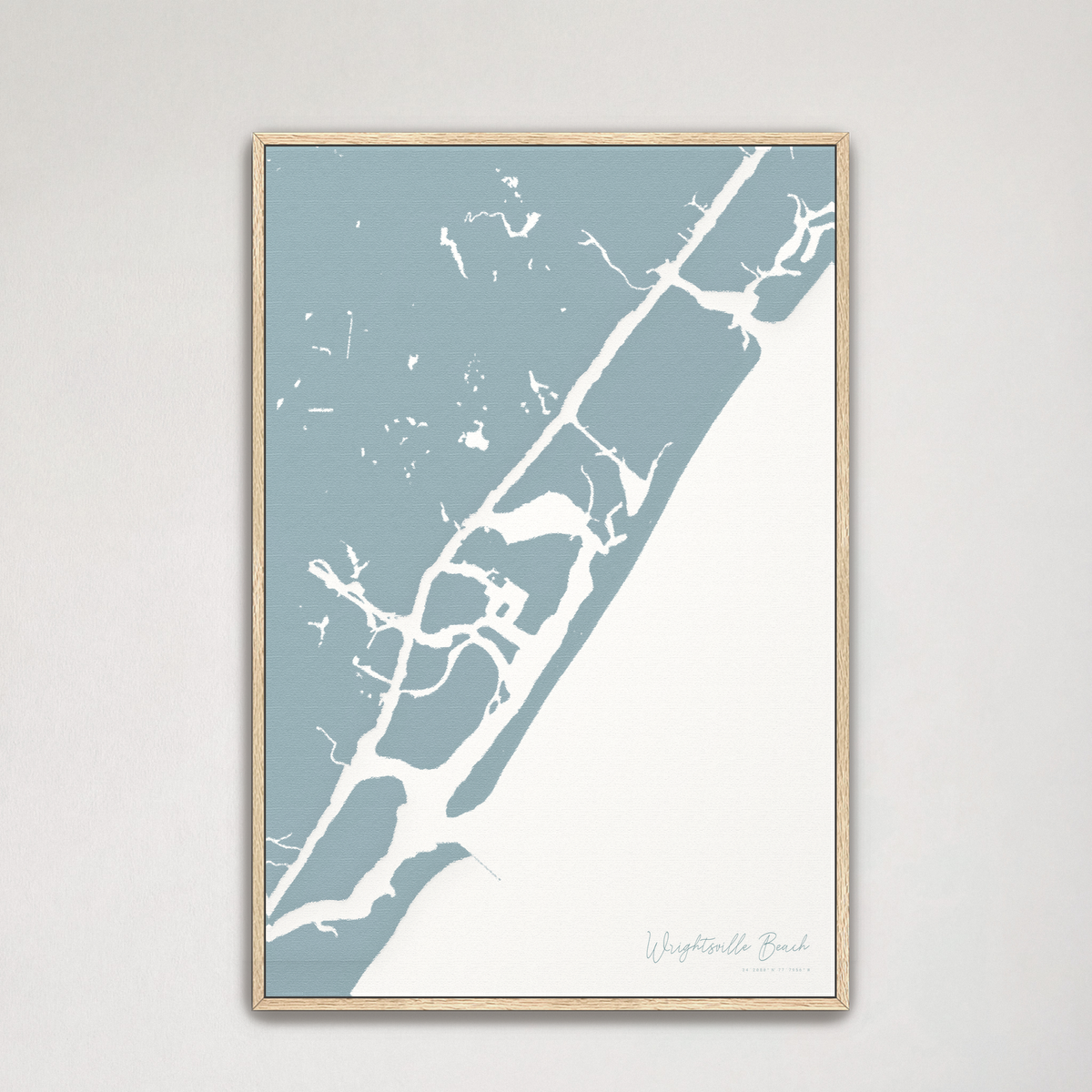 Wrightsville Beach vertical canvas map, Soft Blue, Natural Oak