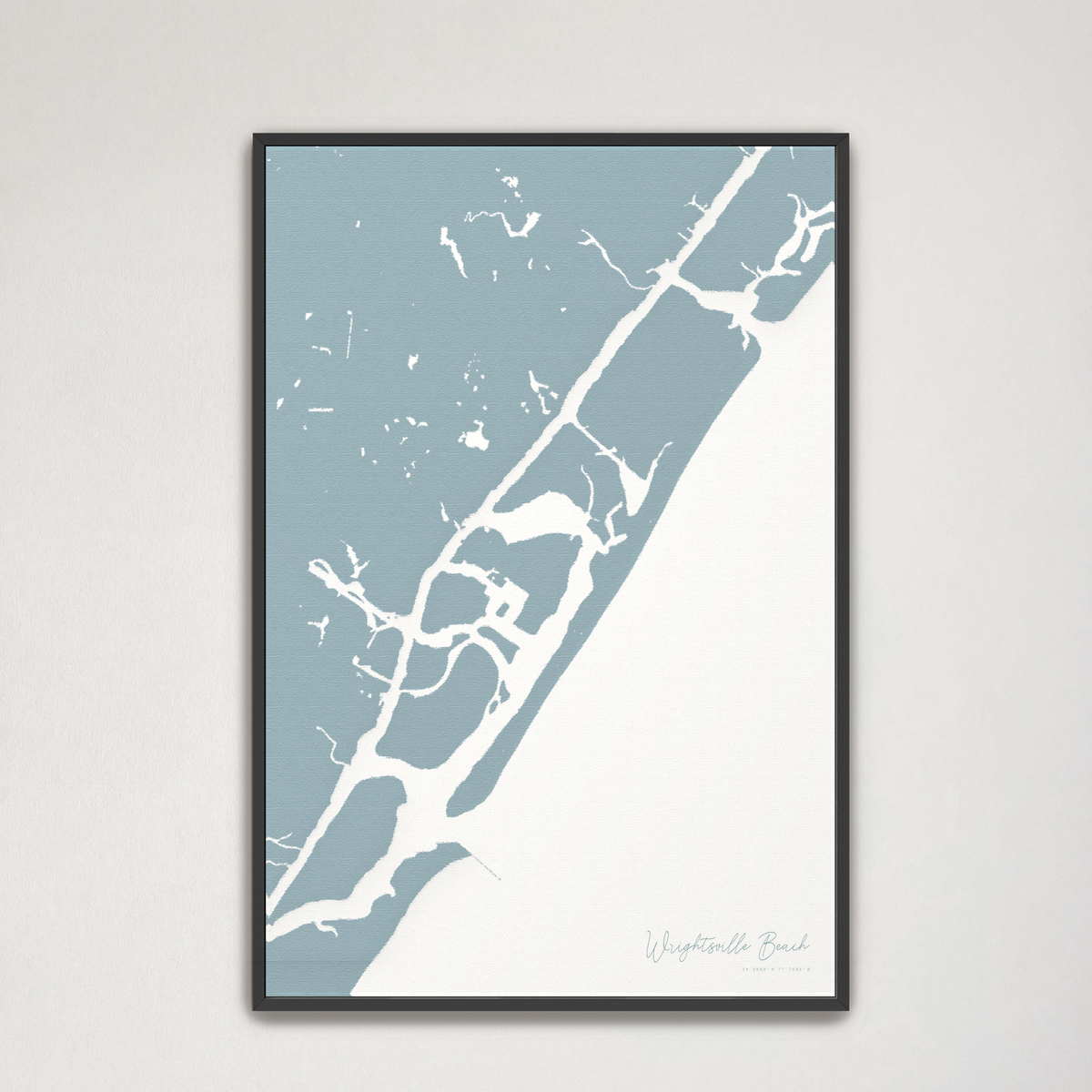 Wrightsville Beach vertical canvas map, Soft Blue, Black Frame