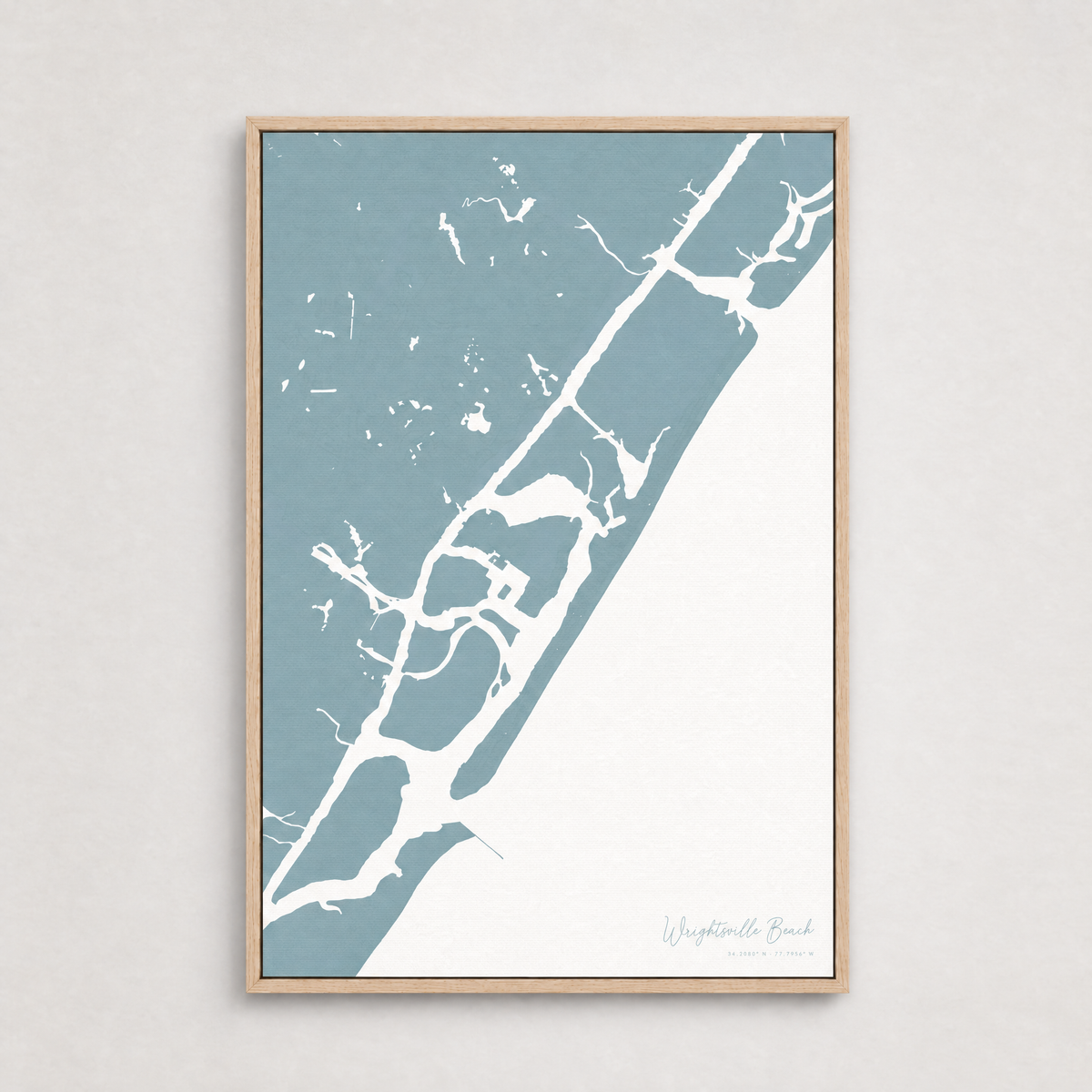 Wrightsville Beach vertical canvas map, Soft Blue, Light Wood