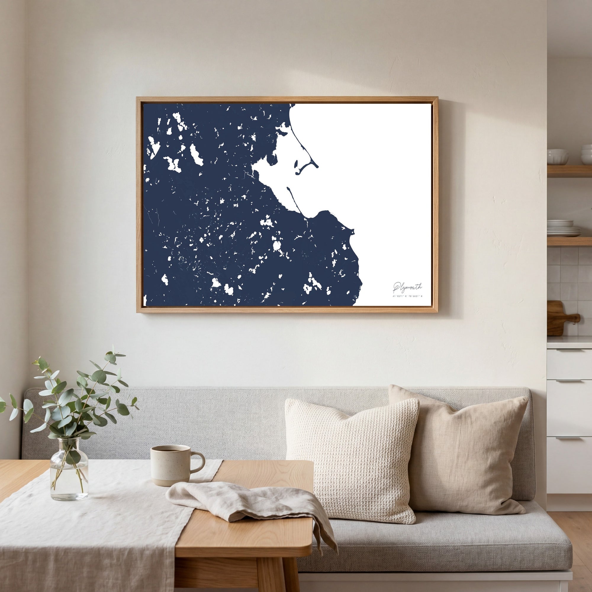 Plymouth navy horizontal canvas map in an oak framed room scene