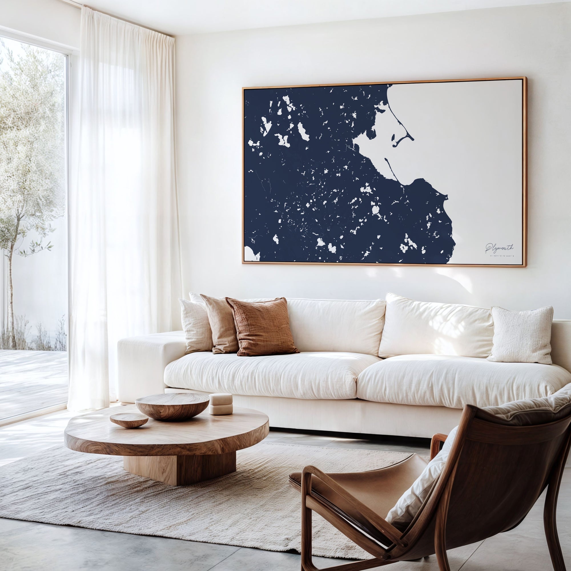 Plymouth navy horizontal canvas map in an oak framed room scene