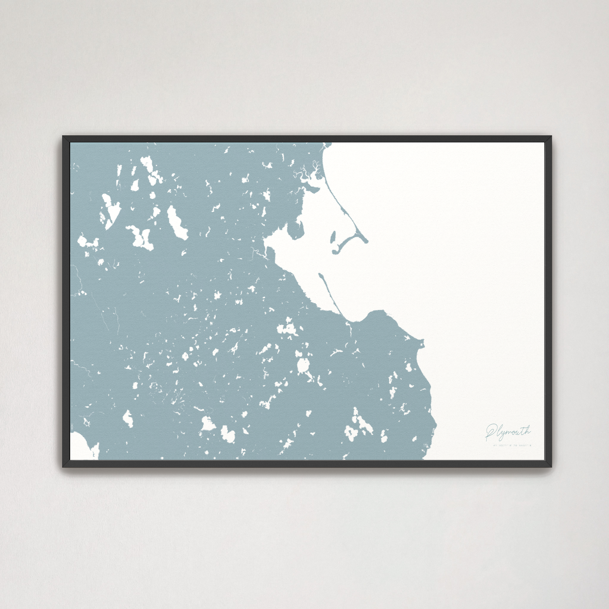 Plymouth Coastal Map — Canvas Horizontal, soft-blue, Black Frame