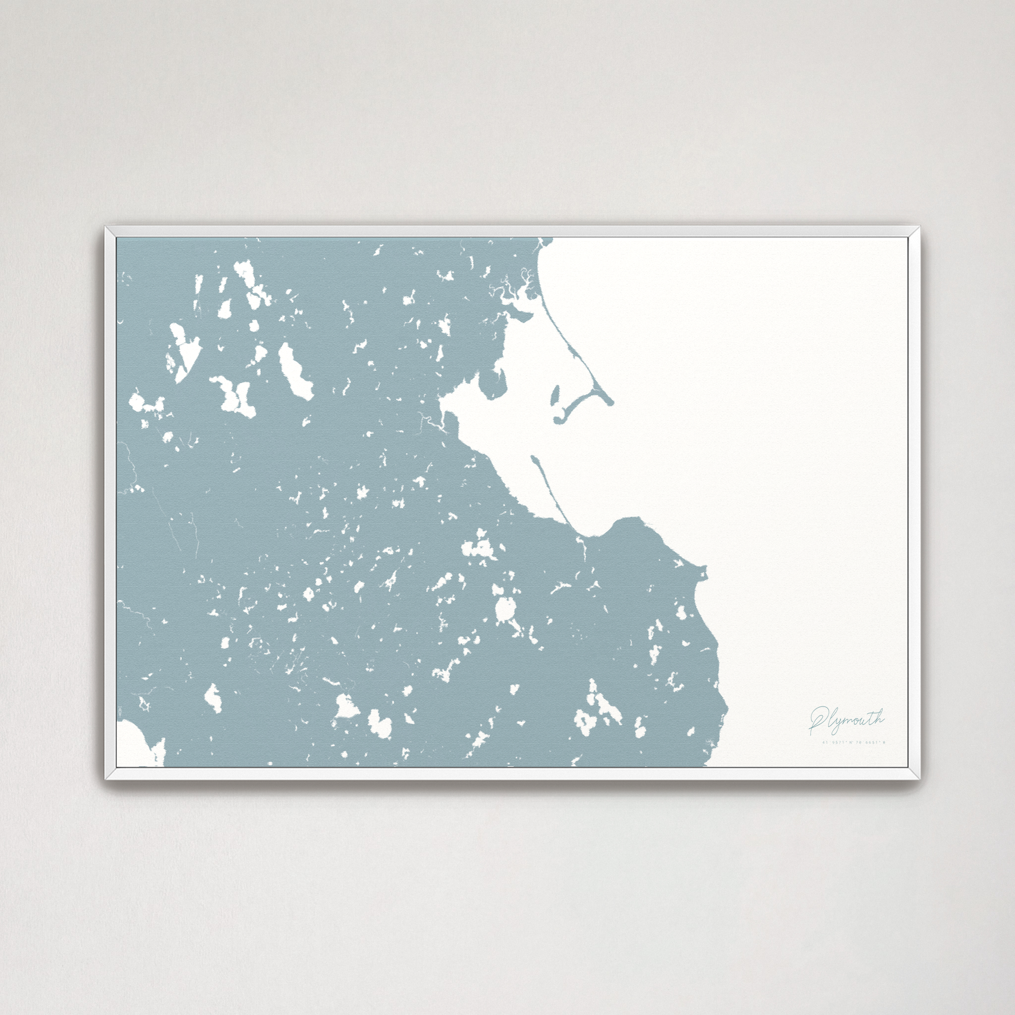 Plymouth Coastal Map — Canvas Horizontal, soft-blue, White Frame