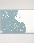Plymouth Coastal Map — Canvas Horizontal, soft-blue, White Frame