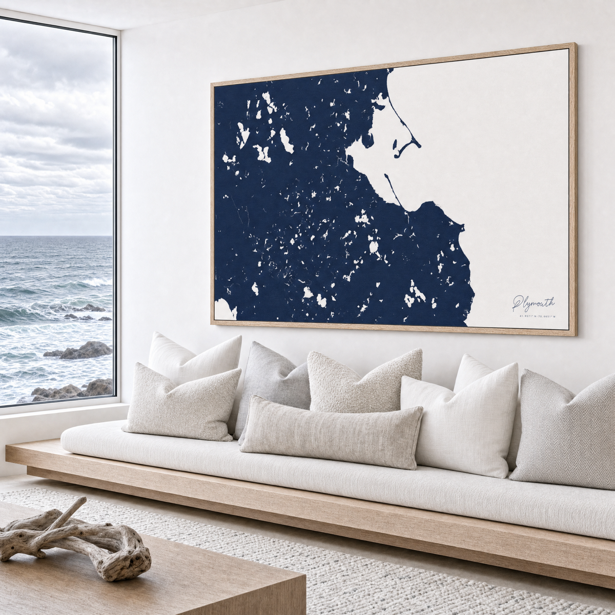 Plymouth canvas map — sea-view bench interior