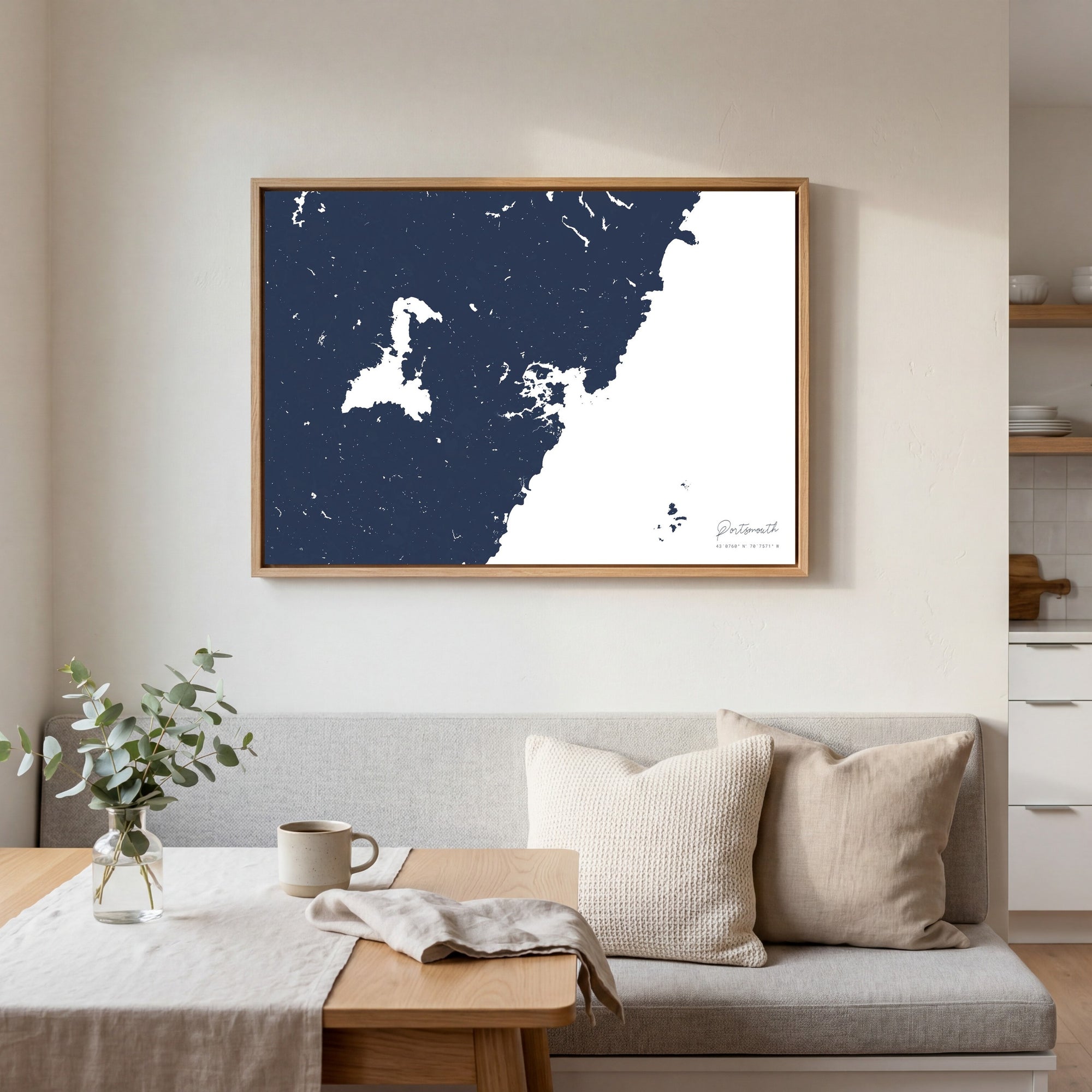 Portsmouth navy horizontal canvas map in an oak framed room scene