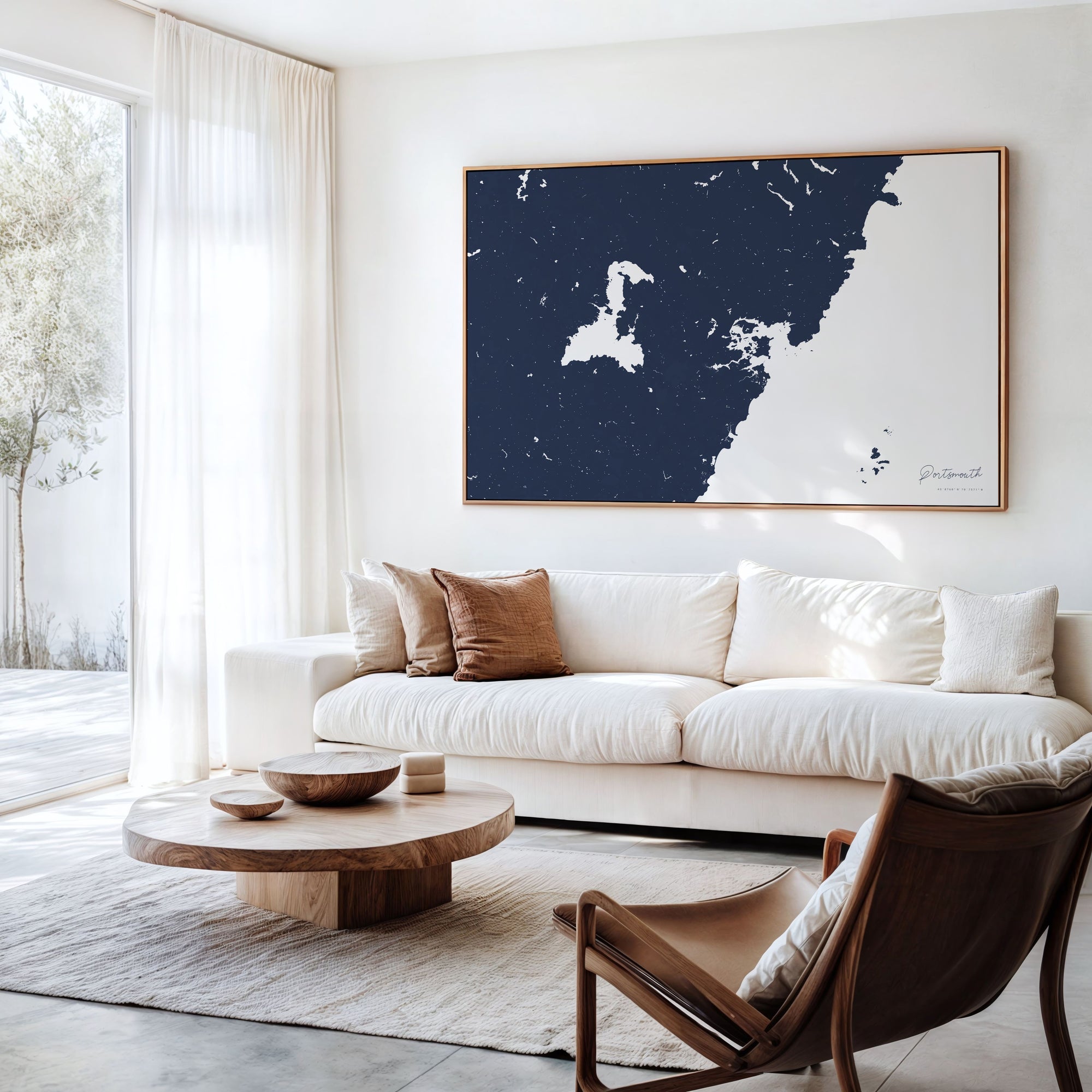 Portsmouth navy horizontal canvas map in an oak framed room scene